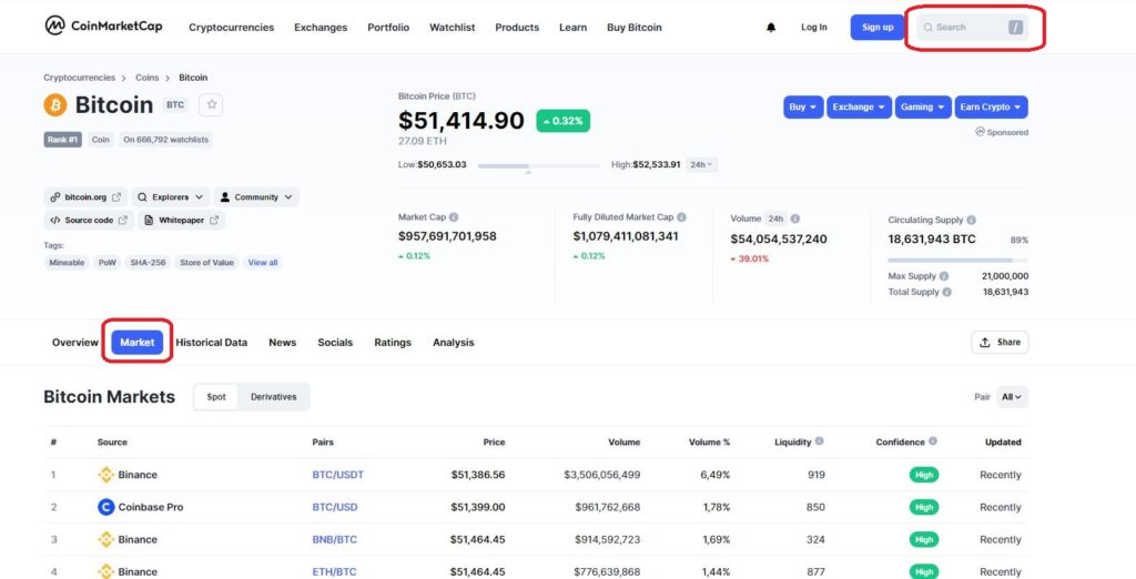 Поиск данных на CoinMarketCap