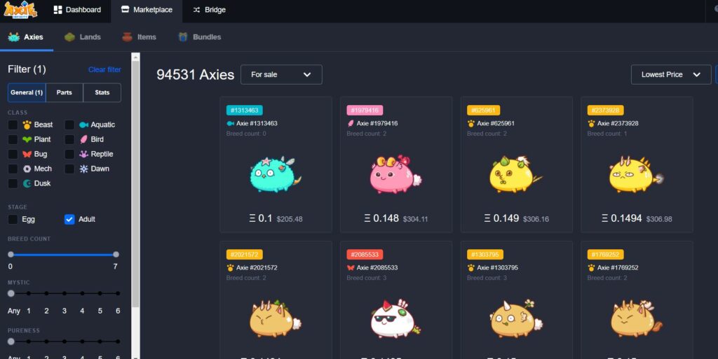 Маркетплейс проекта Axie Infinity