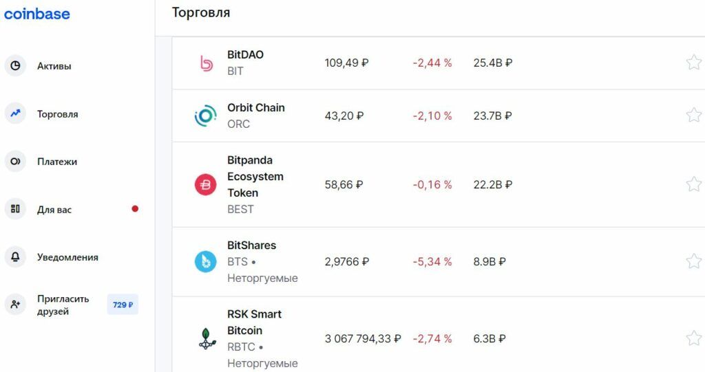 Раздел «торговля» криптобиржи Coinbase