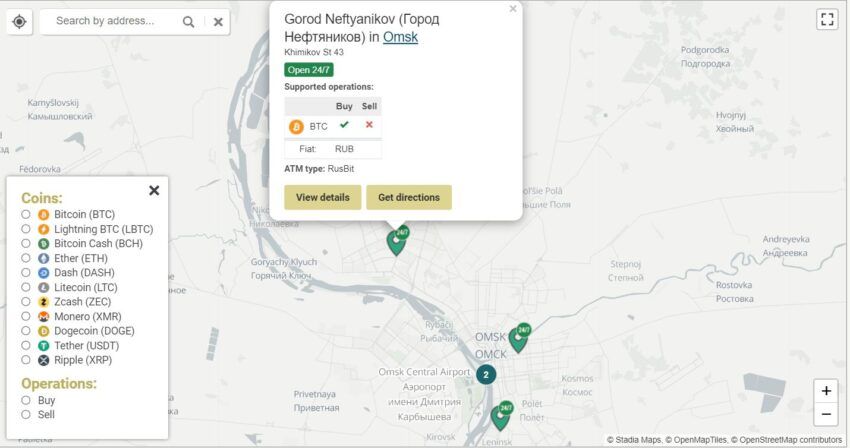 Скрин карты криптоматов RusBit