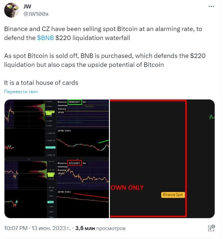 Скрин твита, автор которого утверждает, что Binance и Чанпэн Чжао распродают запасы биткоинов