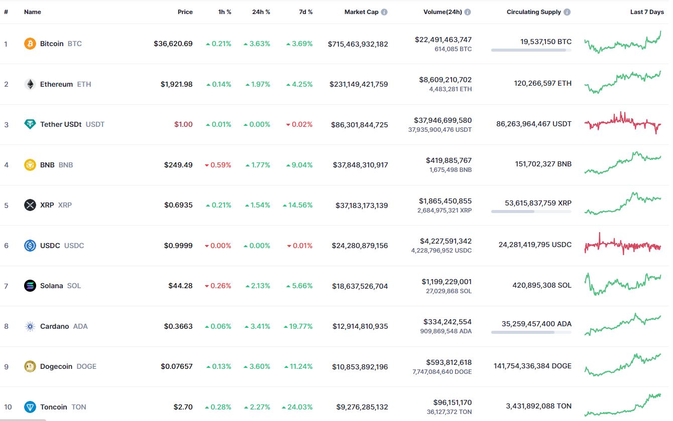 Поведение топ-10 самых капитализированных монет на фоне роста биткоина