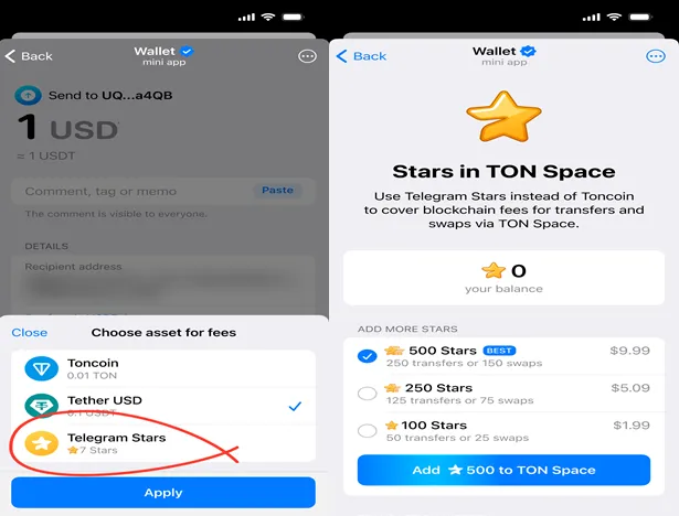 TON Space позволяет оплачивать транзакции Telegram Stars