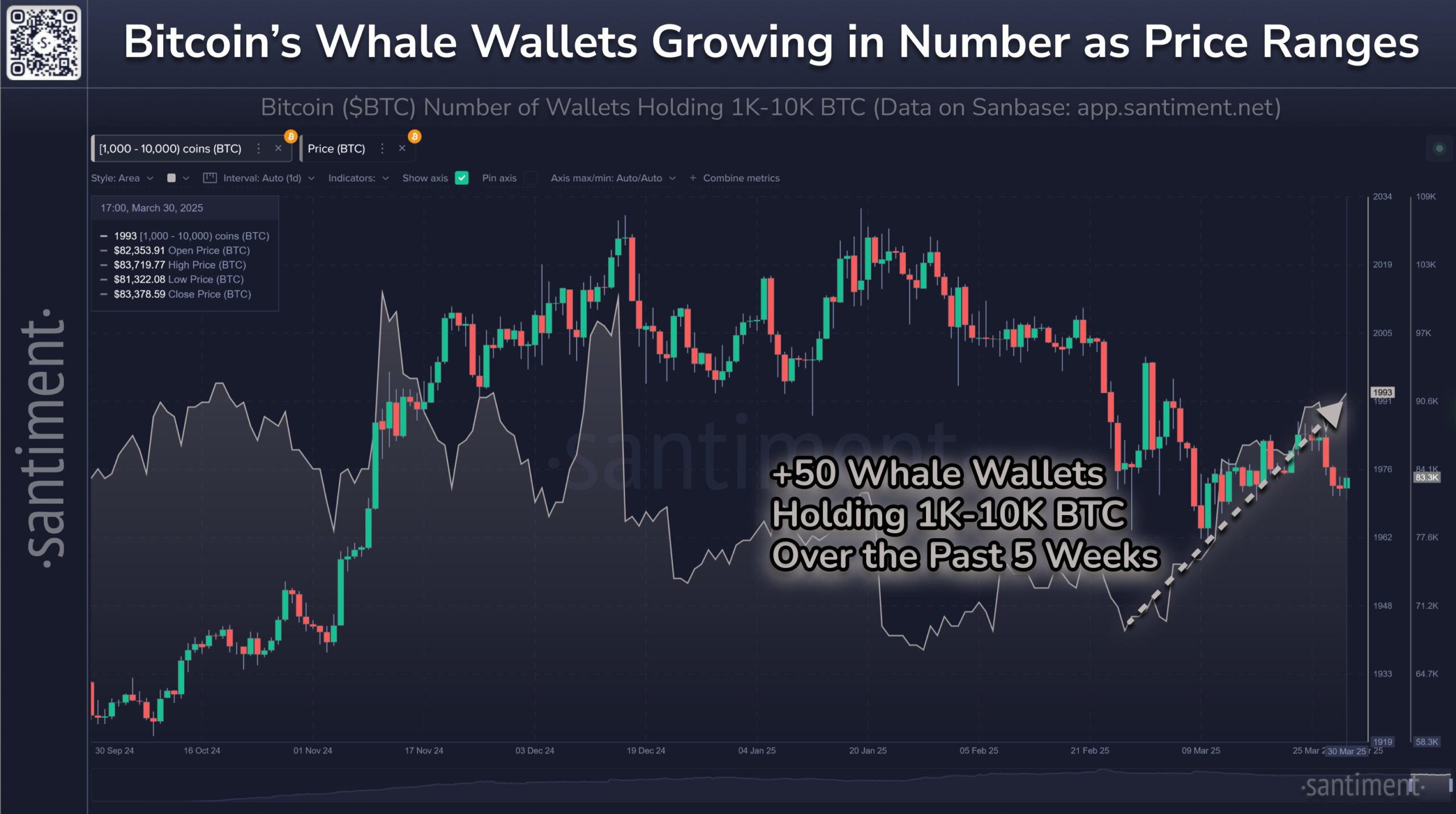 Количество кошельков биткоин-китов (с 1K-10K $BTC) продолжает расти. Источник: Santiment