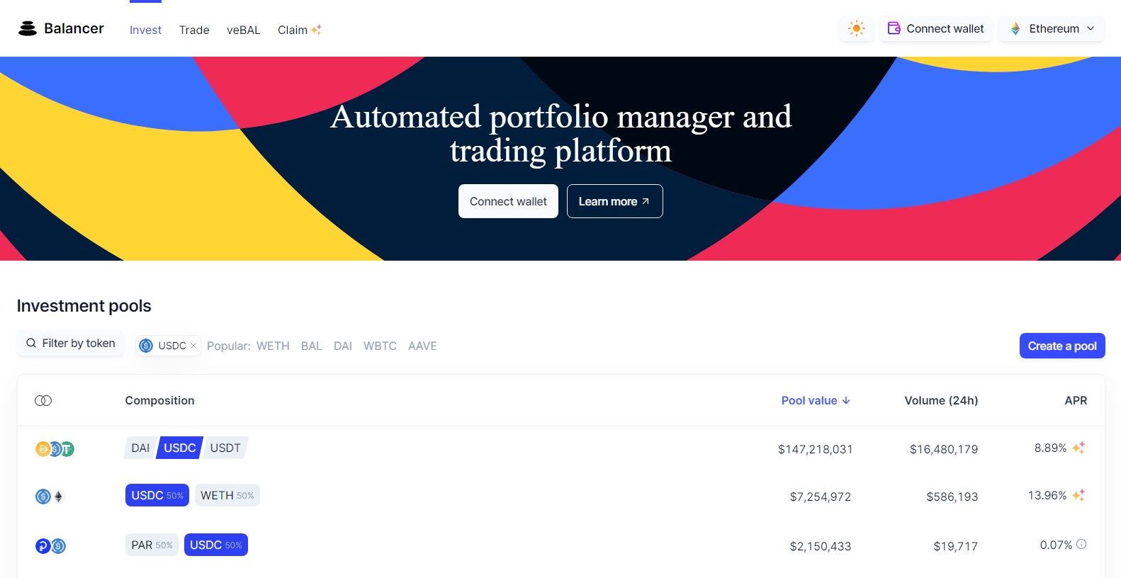 лучшая процентная ставка по стабильным монетам: balancer