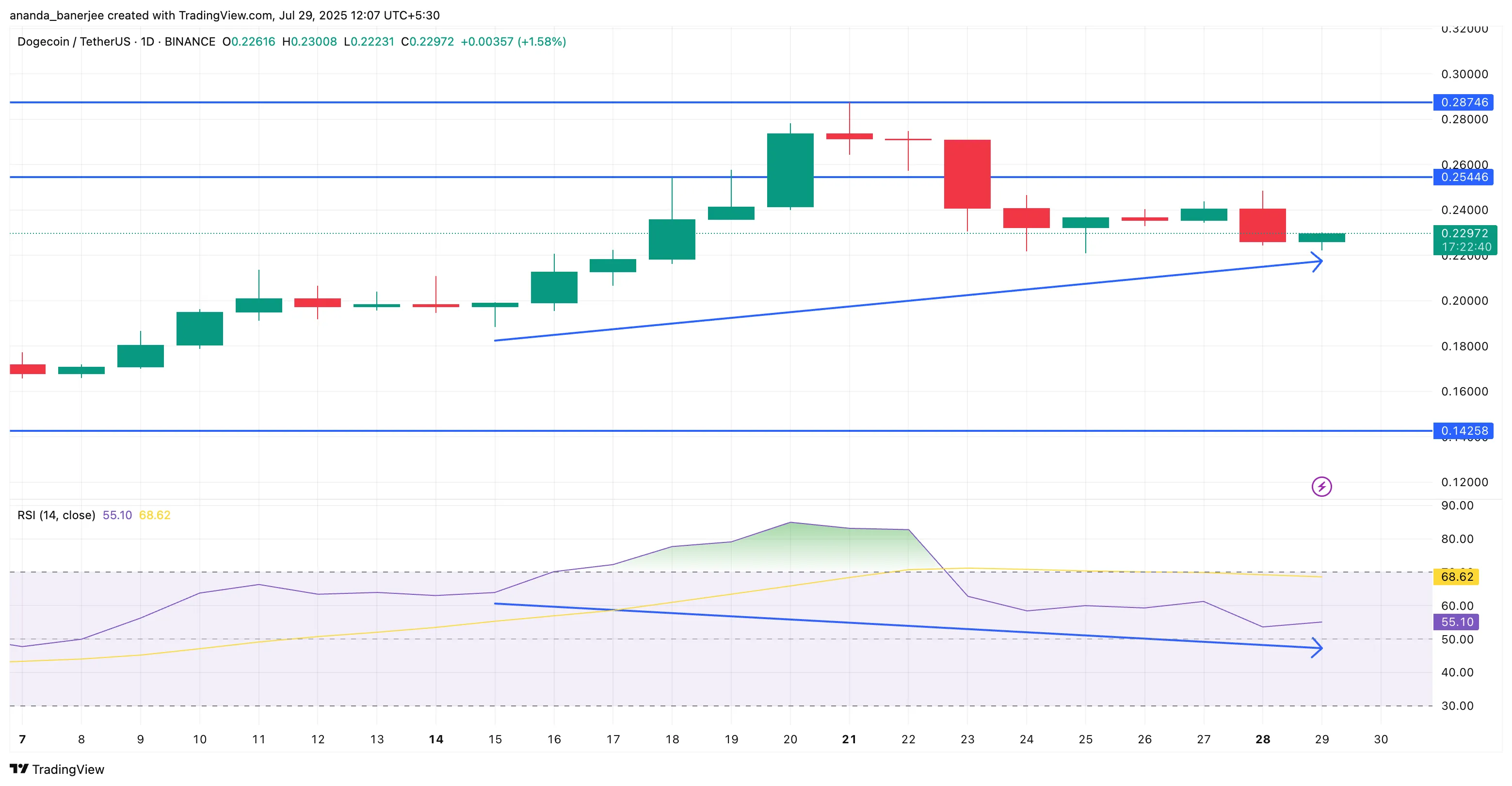 Дивергенция цены DOGE и RSI