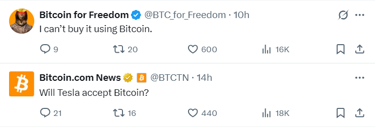 Криптоинвесторы жалуются на то, что не могут купить Tesla за биткоины